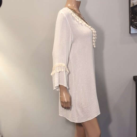CIAO MILANO Boho Tassel Tunic Shift Dress Flare Sleeve Tassel Metallic Sequin - Picture 13 of 16